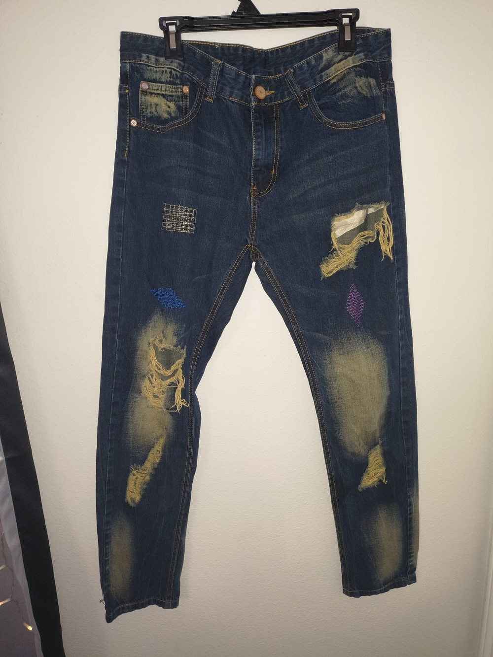 Women's Distressed Skinny Jeans Dark Wash Patched Denim Size 36 Waist 34"